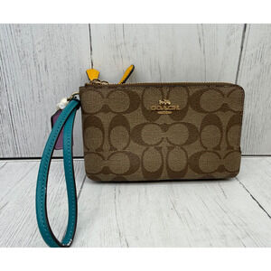 Coach Double Zip Colorblock Brown Signature Canvas Wristlet NEW Teal Strap
